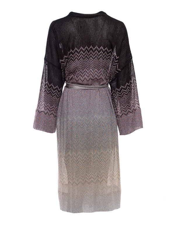 BELTED METALLIC CROCHET-KNIT CARDIGAN