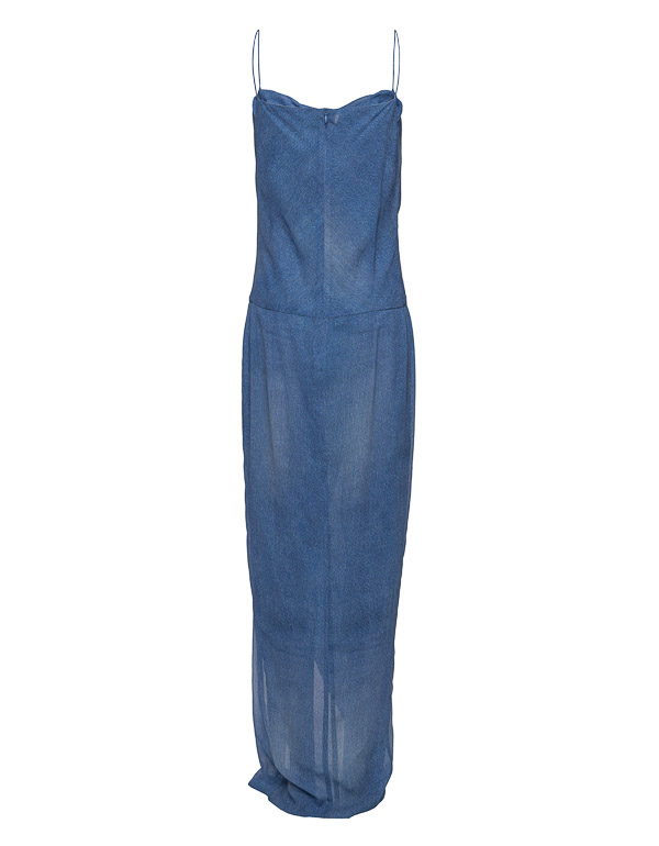 BALMAIN - Blue Silk Denim Print Strap Dress