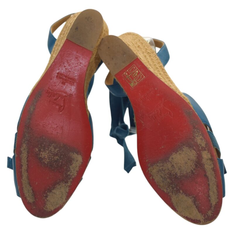 Christian Louboutin Leather Fabric Ankle Tie Up Espadrille Wedge Sandals