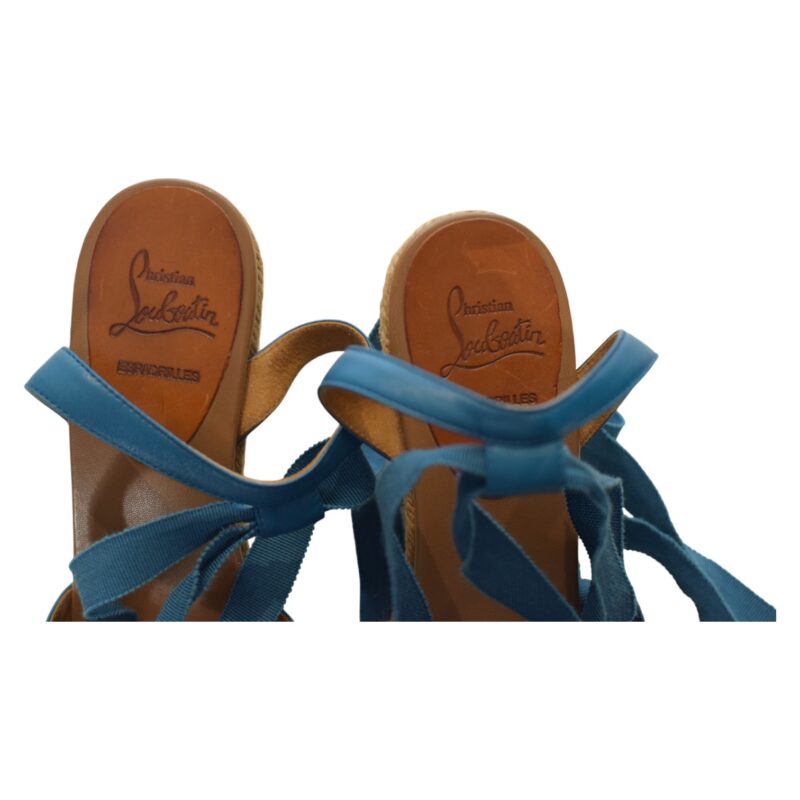 Christian Louboutin Leather Fabric Ankle Tie Up Espadrille Wedge Sandals
