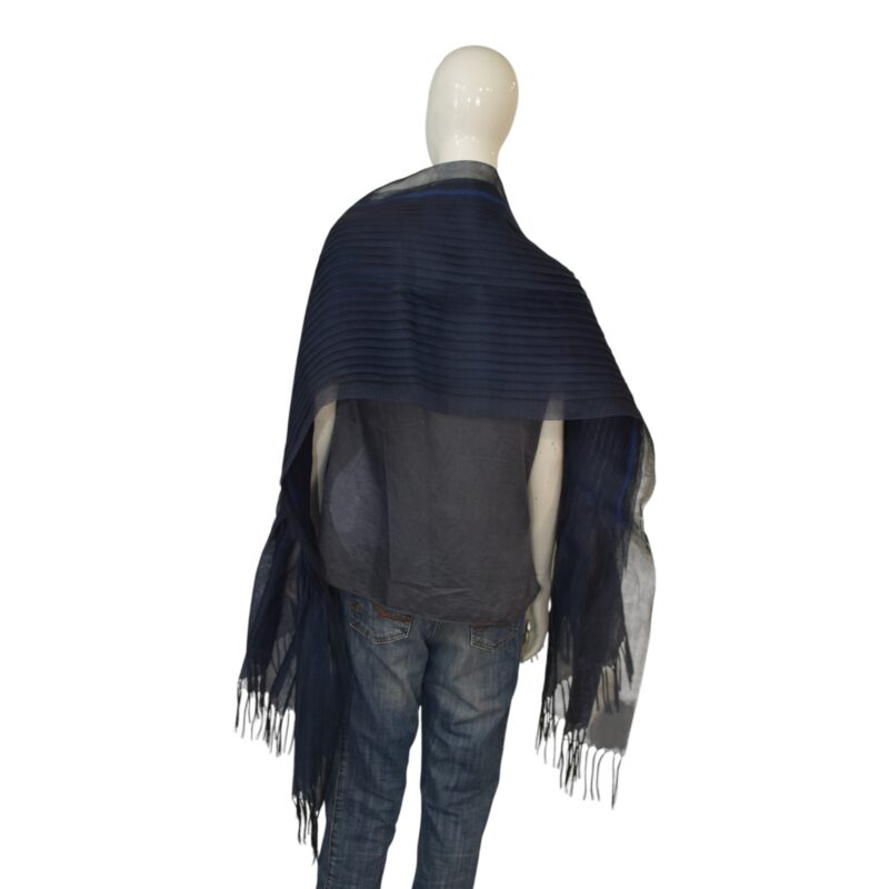 Issey Miyake Sheer Pleated Navy Blue & black Scarf Long Shawl with Fringe