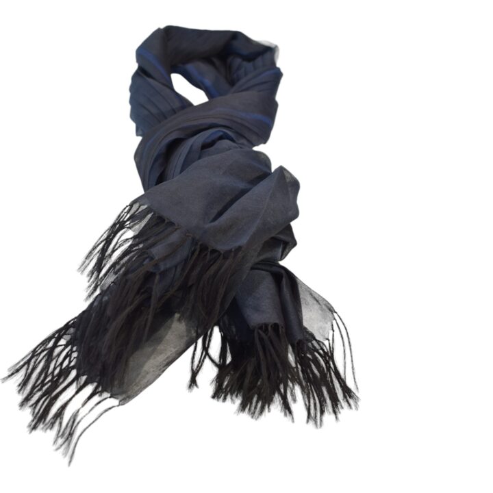 Issey Miyake Sheer Pleated Navy Blue & black Scarf Long Shawl with Fringe